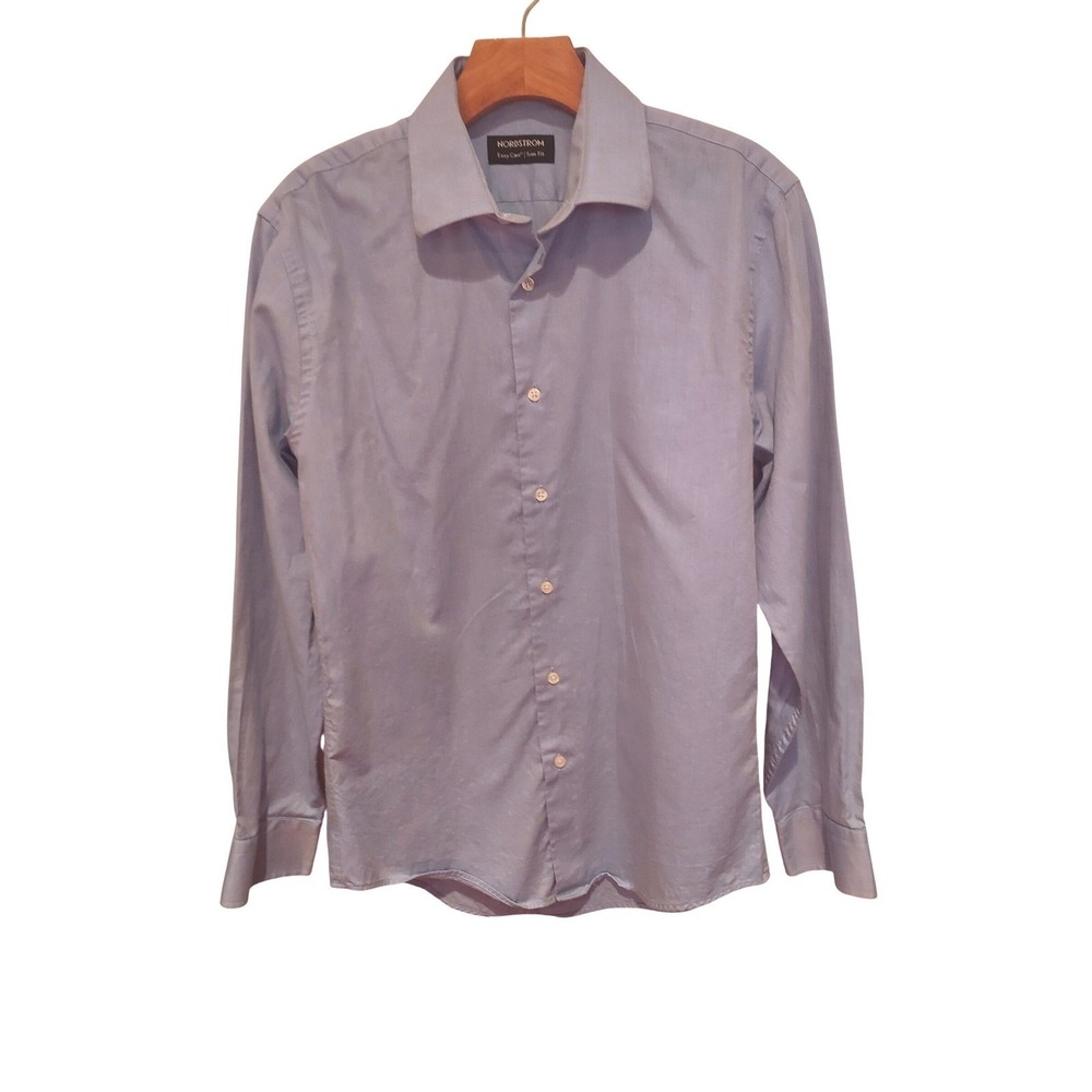 Nordstrom Mens Easy Care Trim Fit Dress Shirt Blue Cotton Long Sleeve 15 Neck